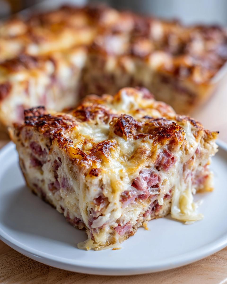 A close-up of a cheesy, golden-brown slice of homemade reuben bake served on a white plate.