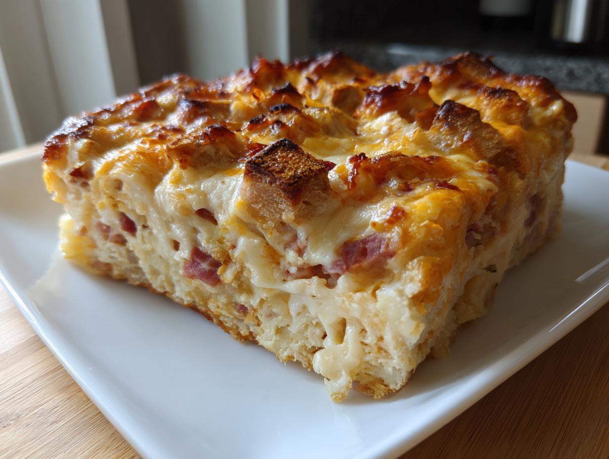 A close-up of a thick, cheesy slice of homemade reuben bake with a golden, bubbly top crust.