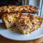 Two generous slices of homemade Reuben bake showing layers of sauerkraut, corned beef, and melted cheese topping.