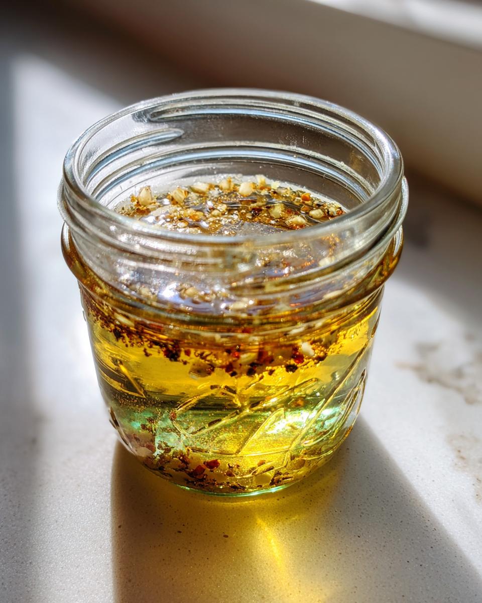 Close-up of homemade salad dressing in a small glass jar, showing oil layered over spices and herbs.