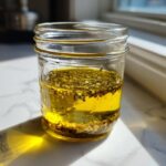 A glass mason jar containing separated homemade salad dressing ingredients, primarily olive oil and spices, sitting on a marble surface.