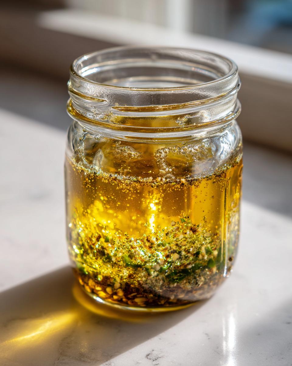 Close-up of homemade salad dressing ingredients separating in a glass jar, showing oil floating above herbs and spices.