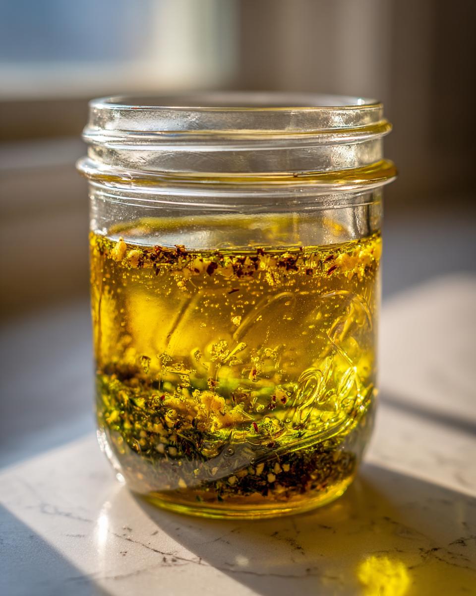 Close-up of homemade salad dressing ingredients separating in a glass mason jar, featuring oil and herbs.