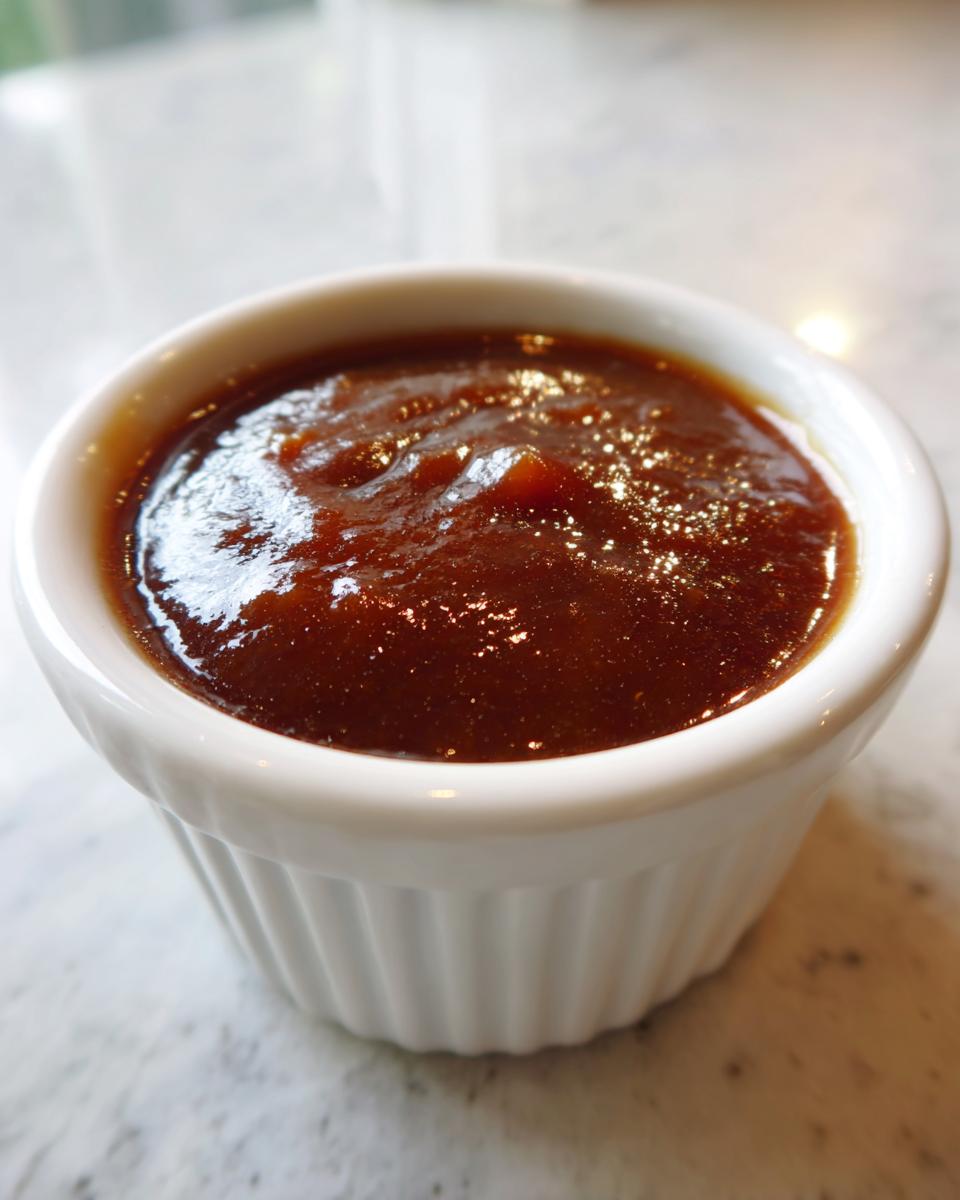 Close-up of thick, glossy, dark brown homemade teriyaki sauce served in a small white fluted ramekin.