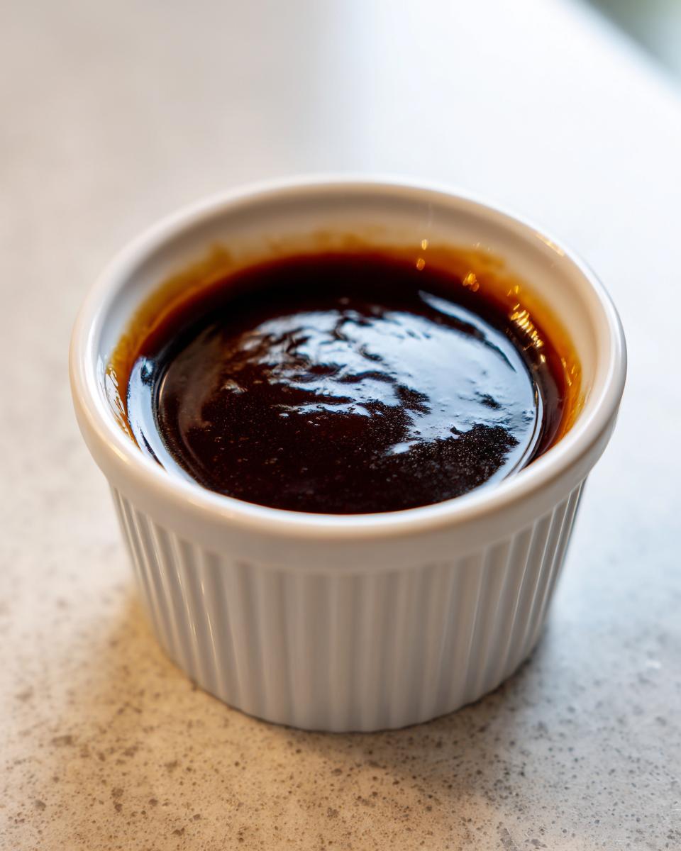 Close-up of thick, glossy homemade teriyaki sauce served in a white, fluted ramekin dish.