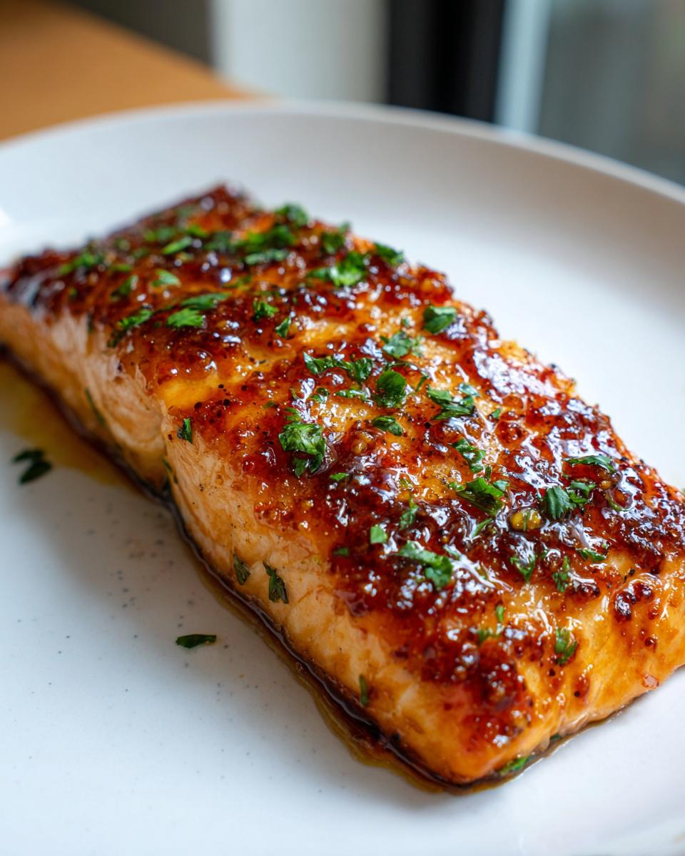 Close-up of a perfectly cooked salmon fillet glazed with honey garlic butter and topped with fresh parsley.