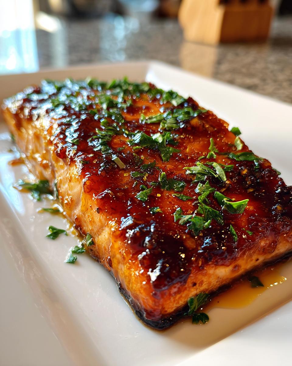 A close-up of a perfectly cooked salmon fillet glazed with honey garlic butter and topped with fresh parsley.