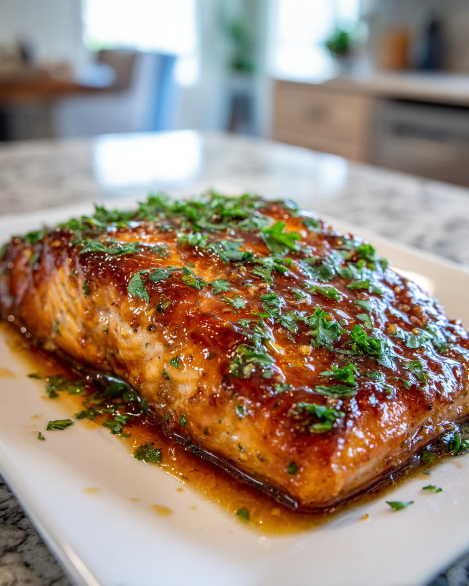A close-up of a perfectly cooked salmon fillet glazed with honey garlic butter and topped with fresh parsley.