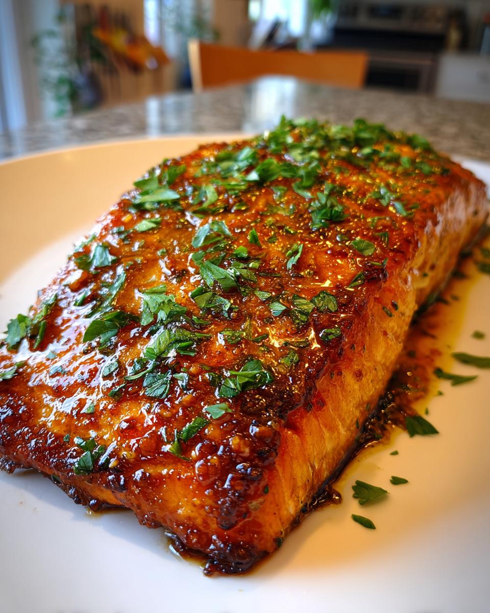A close-up of a perfectly cooked salmon fillet glazed with honey garlic butter and topped with fresh parsley.