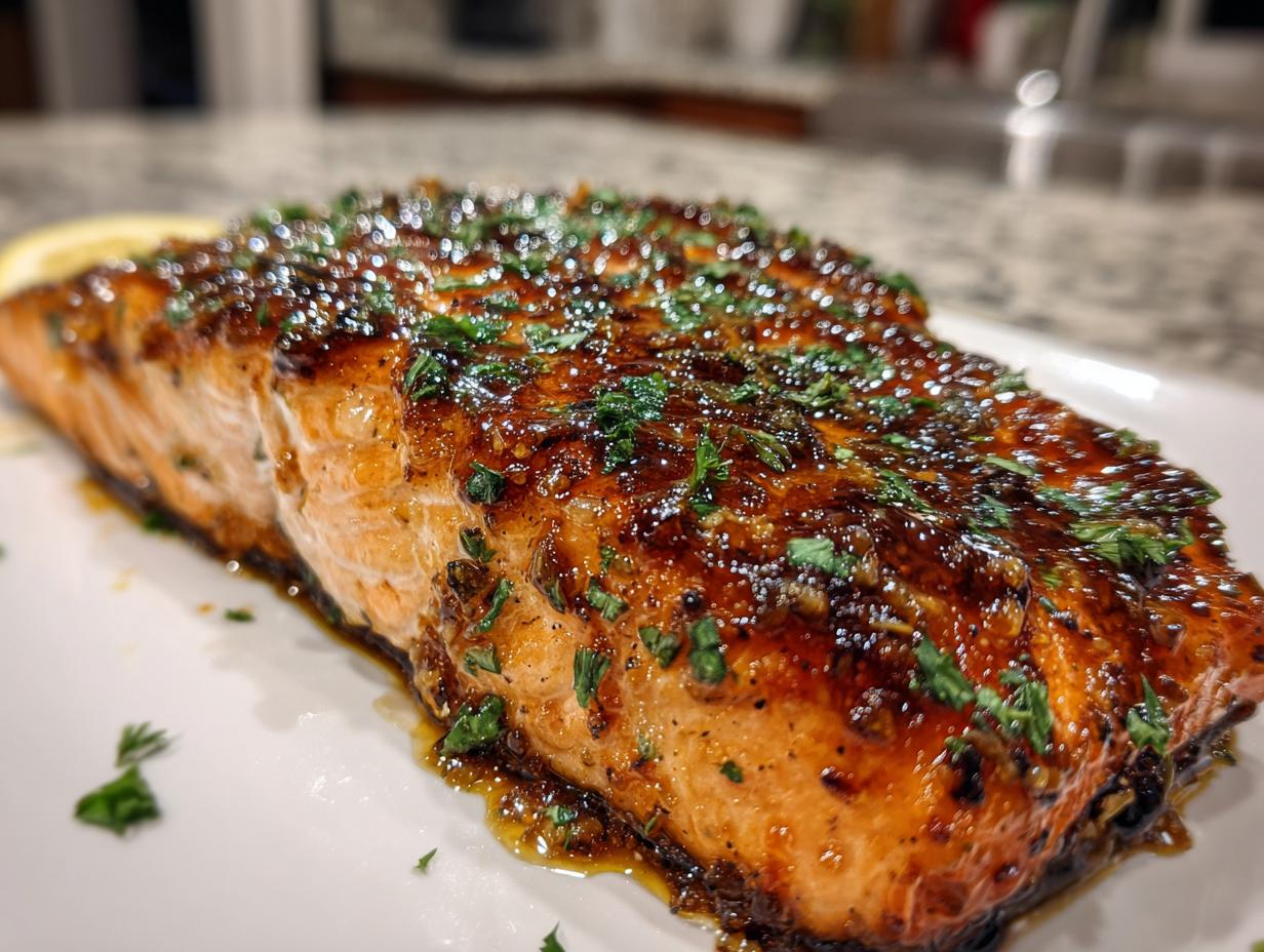 Close-up of a perfectly cooked salmon fillet glazed with honey garlic butter and topped with fresh parsley.