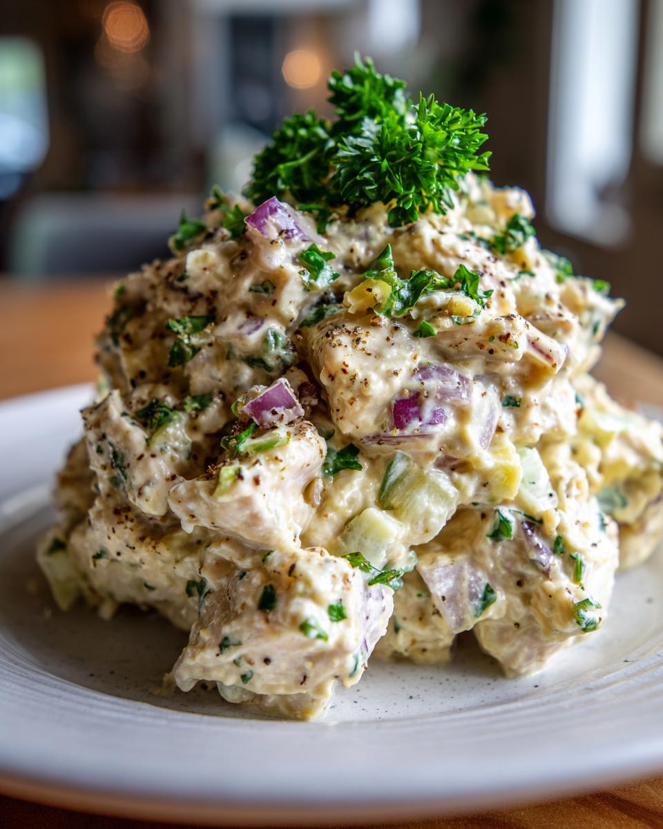 Close-up of a generous mound of creamy honey mustard chicken salad mixed with red onion and celery, topped with parsley.