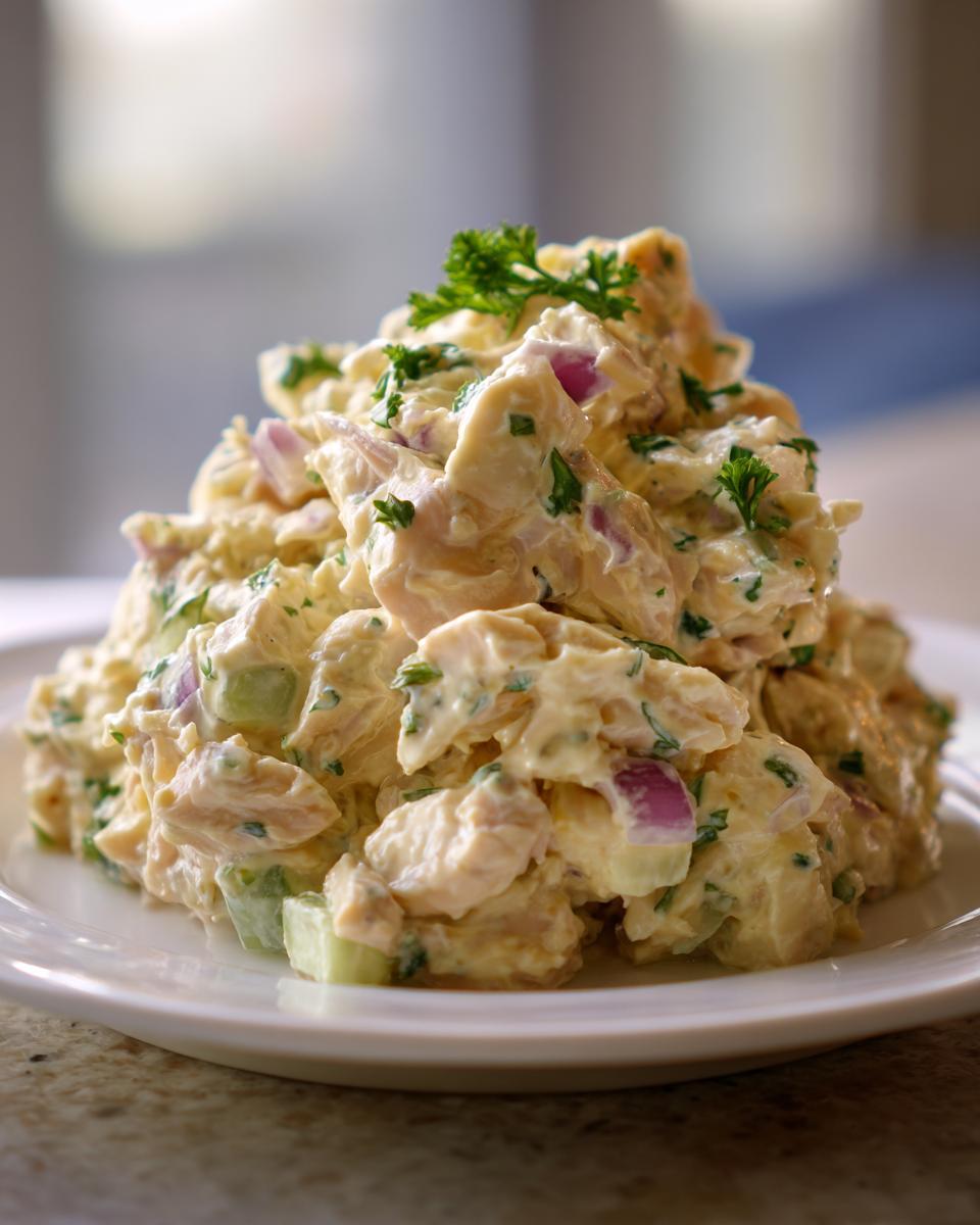 A close-up of a generous serving of creamy honey mustard chicken salad piled high on a white plate.