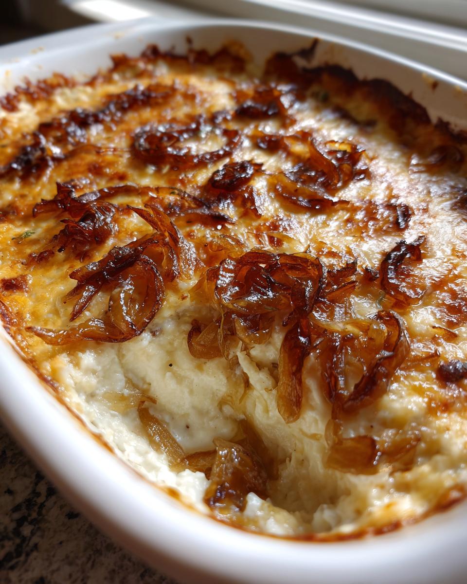 Close-up of a creamy, baked caramelized onion dip topped with golden brown onions in a white dish.