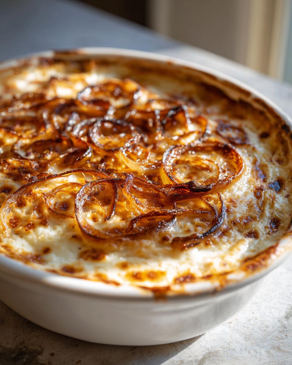 Close-up of a baked caramelized onion dip in a white dish, topped with deeply browned onion rings.