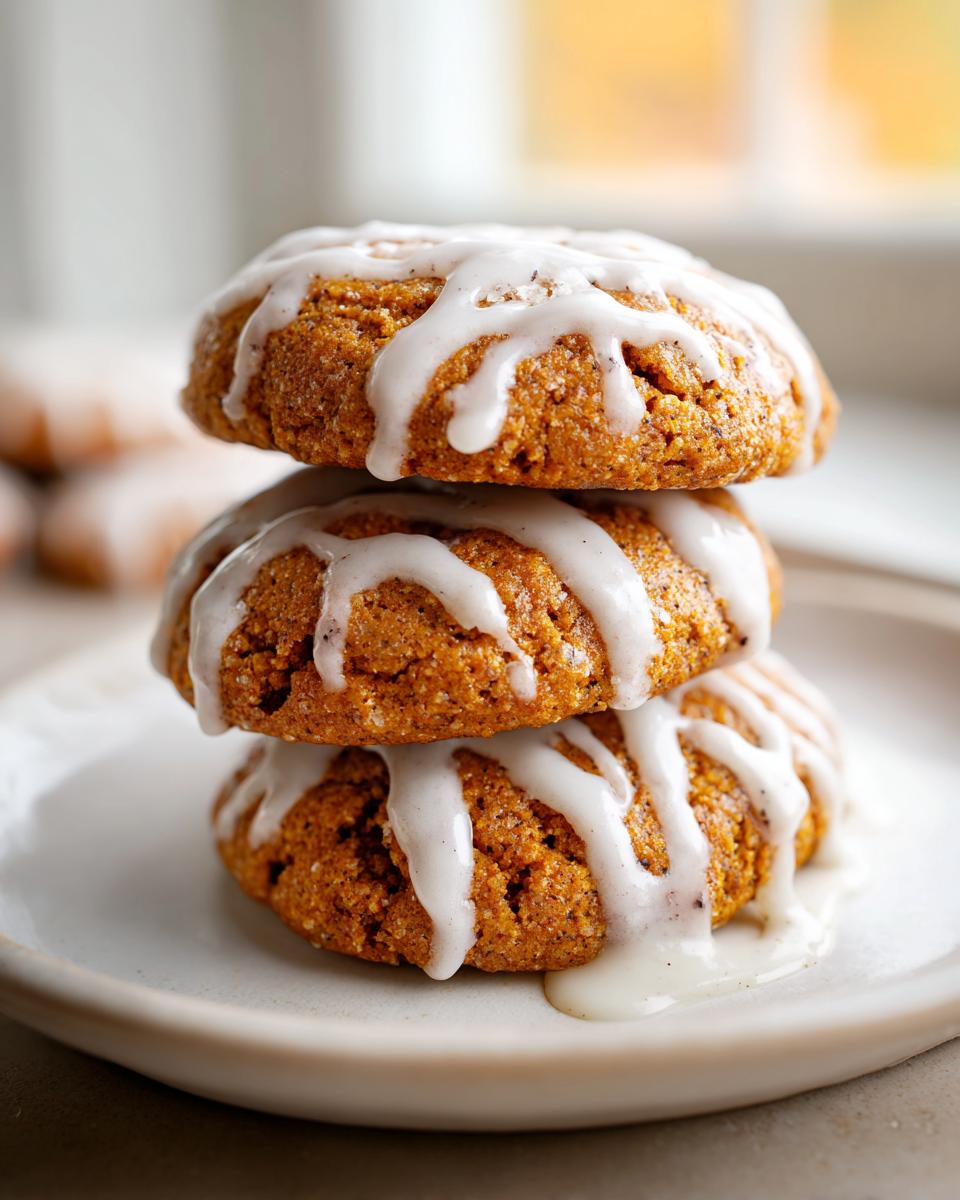 A stack of three soft, orange persimmon cookies drizzled generously with white vanilla glaze.