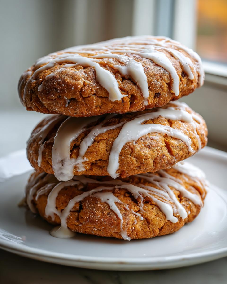 Three soft, spiced persimmon cookies stacked on a white plate, drizzled heavily with white vanilla icing.
