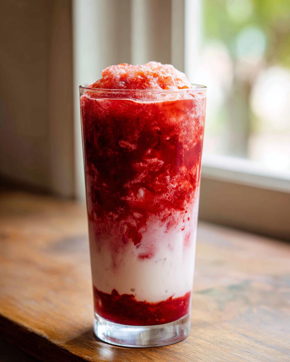 A tall glass filled with layered strawberry milk, featuring a white milk base and a bright red, icy strawberry slush topping.