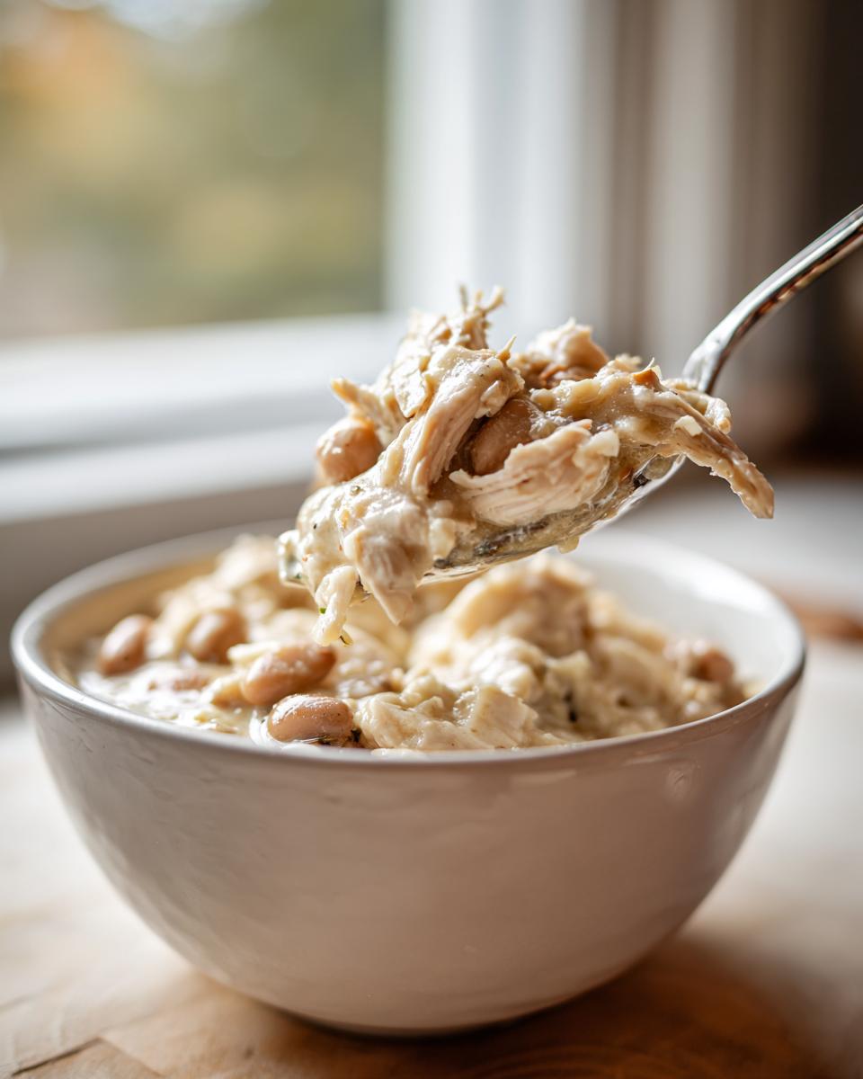 A spoonful of creamy instant pot white chicken chili, featuring shredded chicken and white beans, lifted from a white bowl.
