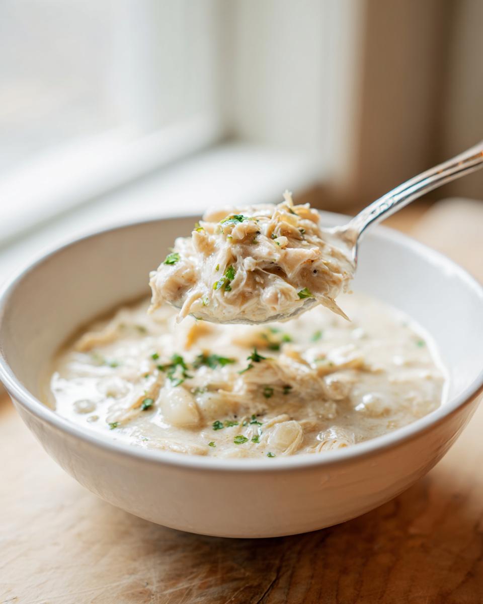 A spoonful of creamy instant pot white chicken chili being lifted from a white bowl, garnished with parsley.
