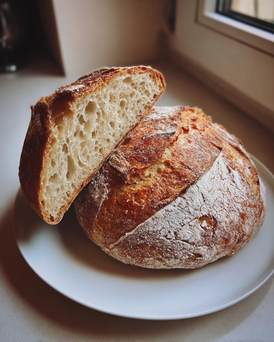 A rustic loaf of Italian bread, sliced in half to show the airy, open crumb structure.