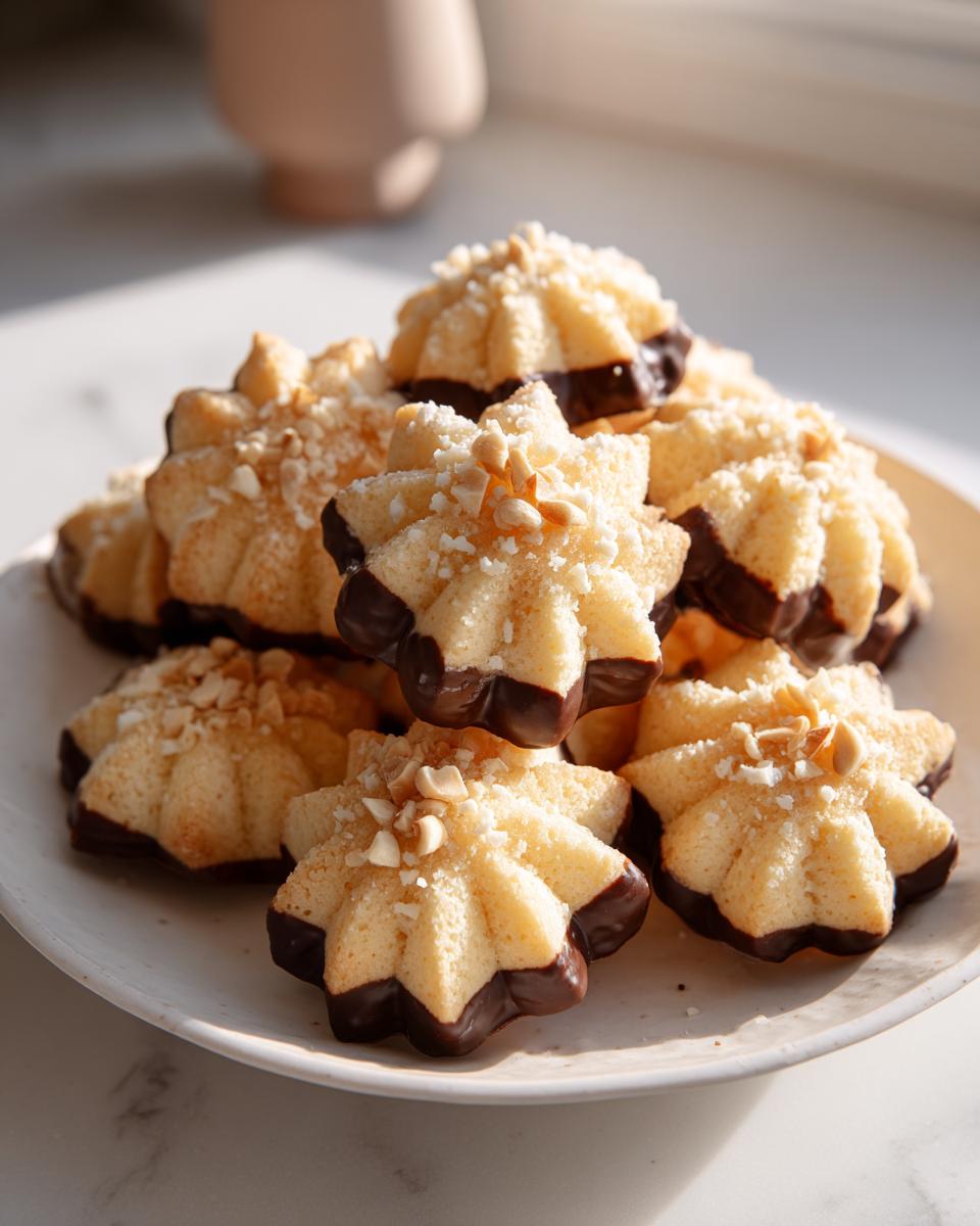 A pile of star-shaped Italian butter cookies dipped in dark chocolate and sprinkled with chopped nuts.