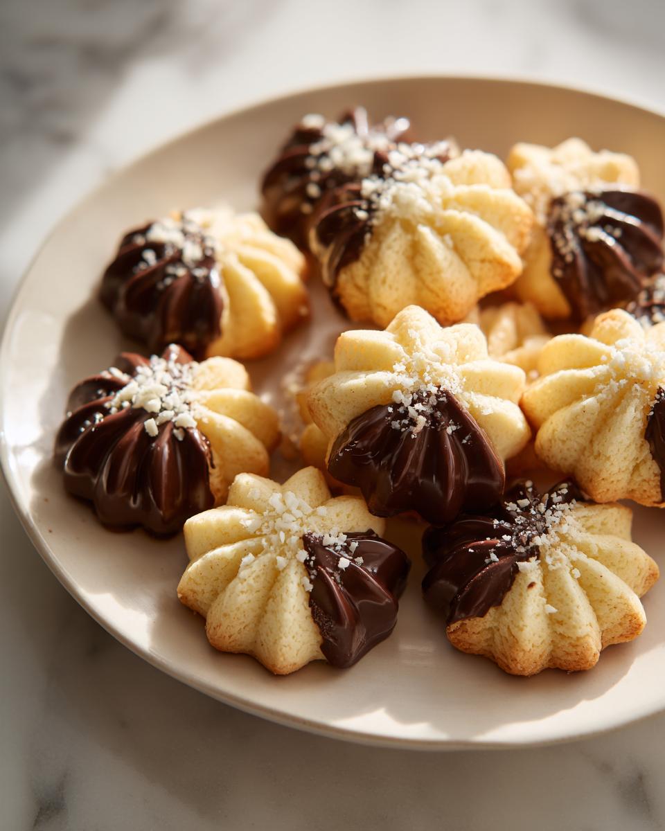 A plate of star-shaped Italian butter cookies partially dipped in dark chocolate and sprinkled with white flakes.