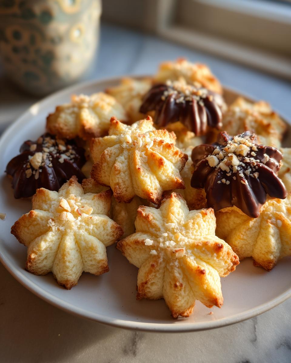 A plate piled high with golden Italian butter cookies, some plain and some dipped in chocolate and sprinkled with nuts.