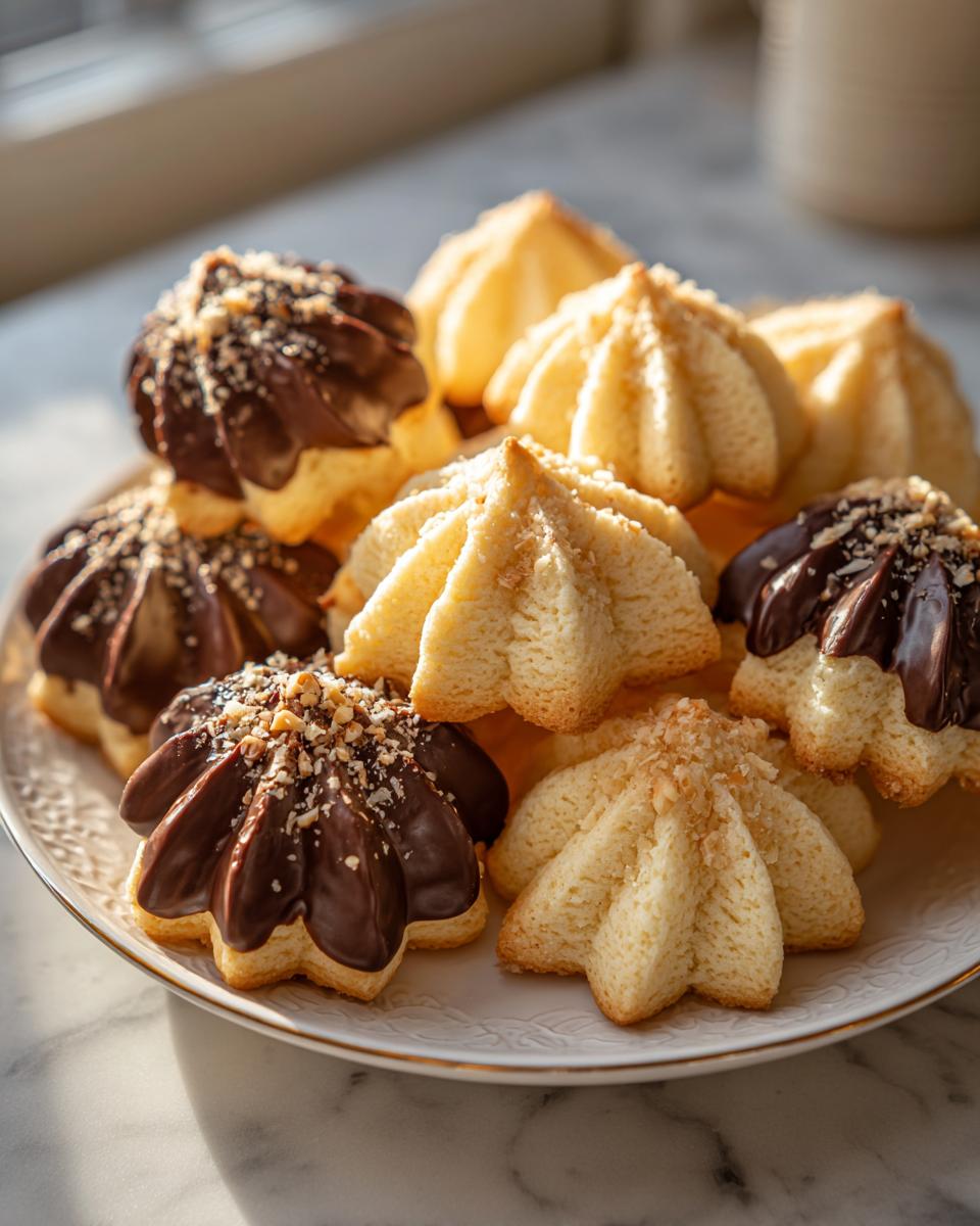 A plate piled high with freshly baked Italian butter cookies, some plain and some dipped in chocolate and sprinkled with nuts.