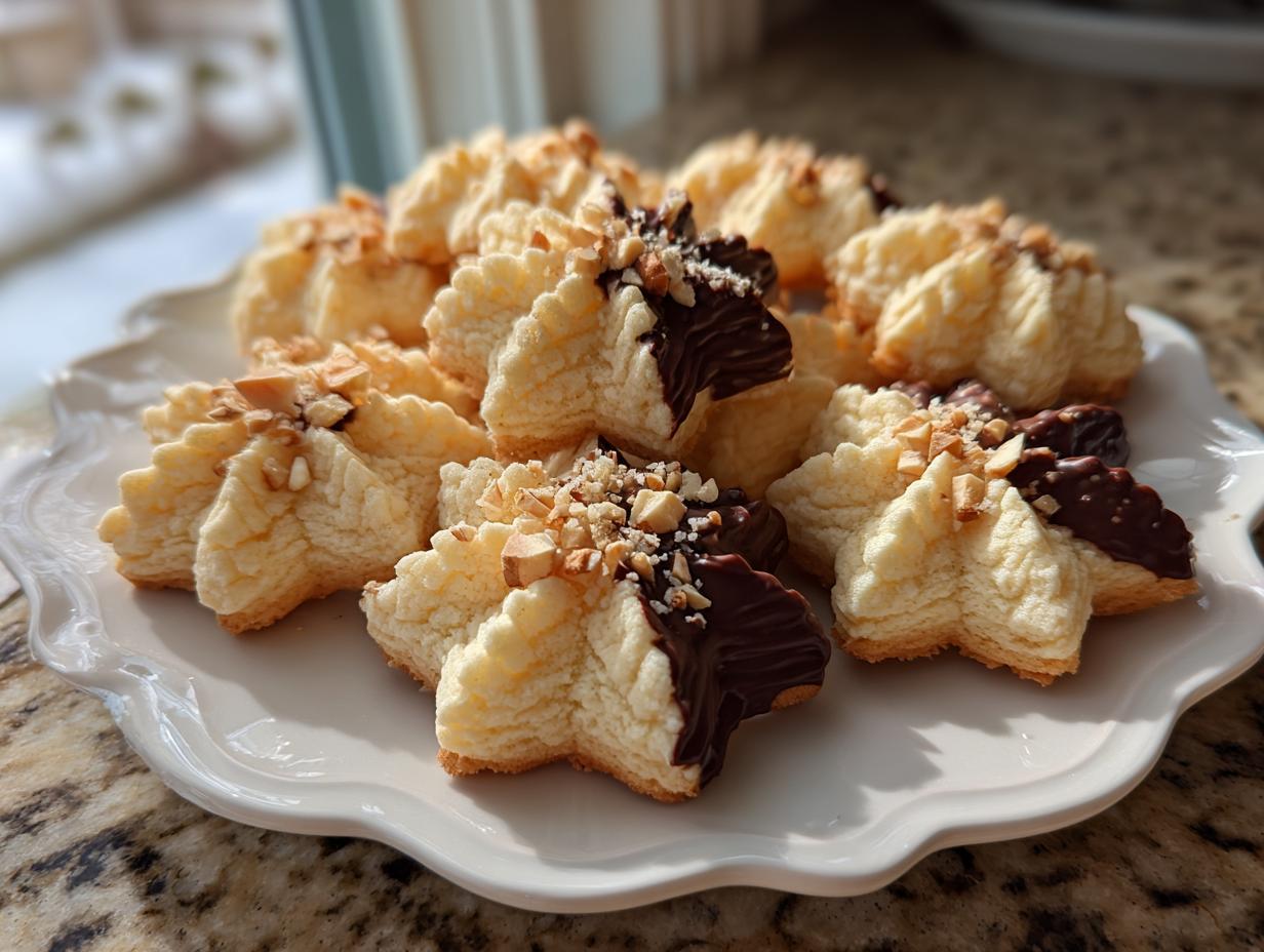 A white platter filled with star-shaped Italian butter cookies, some dipped in dark chocolate and sprinkled with chopped nuts.