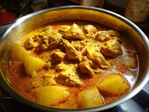 Close-up of vibrant, yellow-orange Jamaican curry chicken simmering with large potato chunks in a stainless steel pot.
