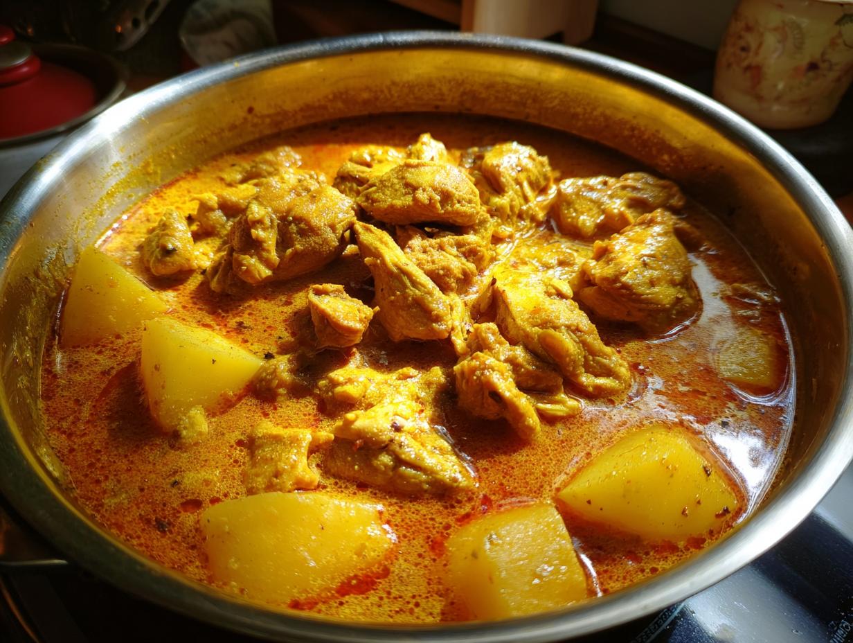 Close-up of vibrant, yellow-orange Jamaican curry chicken simmering with large potato chunks in a stainless steel pot.