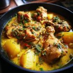A close-up view of savory jamaican curry chicken pieces simmering with large chunks of yellow potatoes in a rich, golden sauce.