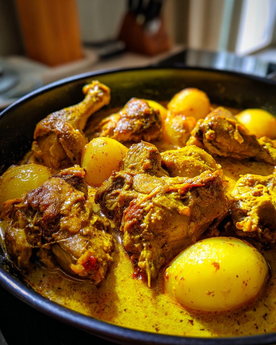 Close-up of tender chicken pieces and whole potatoes simmering in a vibrant yellow sauce for Jamaican curry chicken.