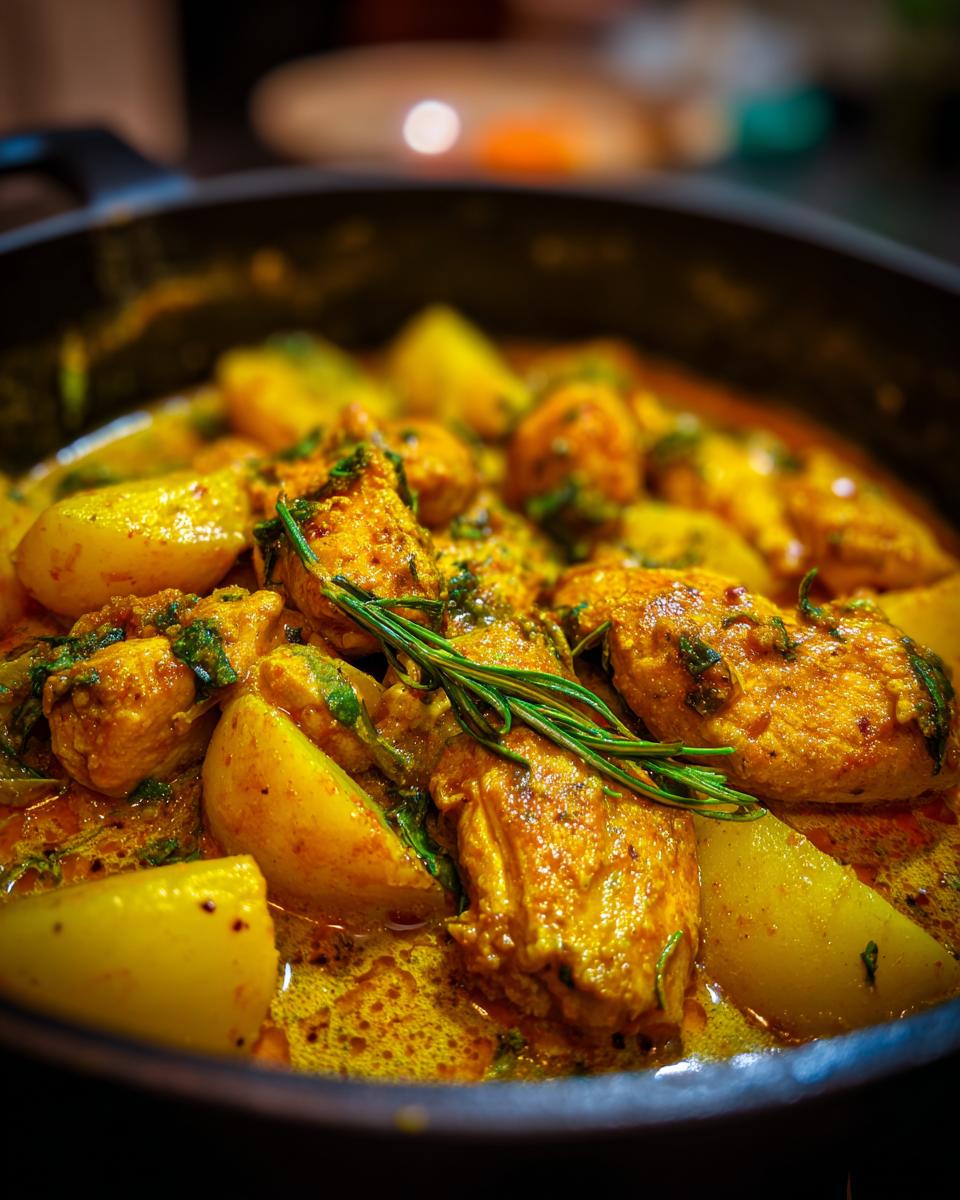 Close-up of rich, yellow Jamaican curry chicken pieces simmering with large potato wedges in a dark pot.