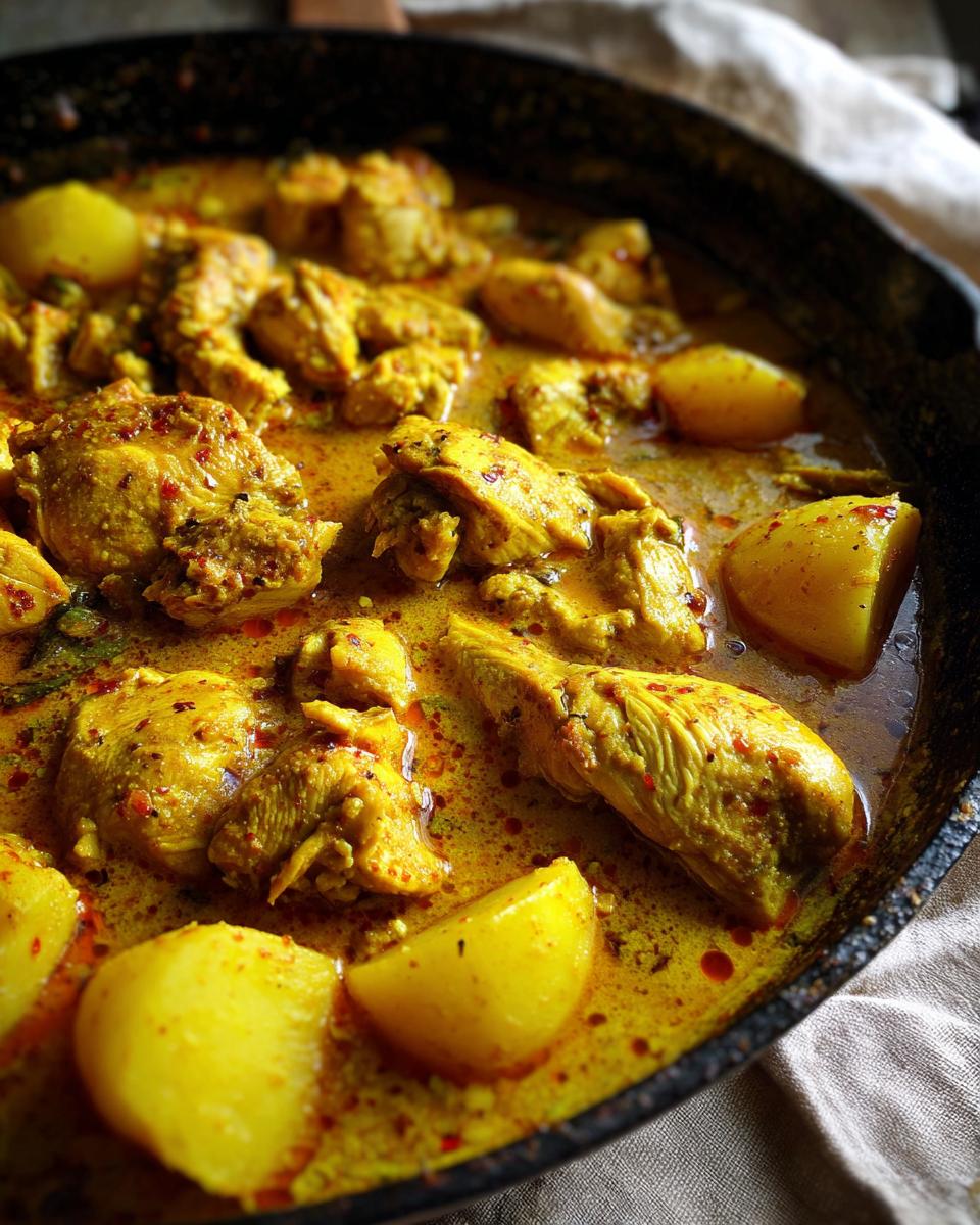 Close-up view of vibrant yellow Jamaican curry chicken pieces simmering with large potato chunks in a dark skillet.