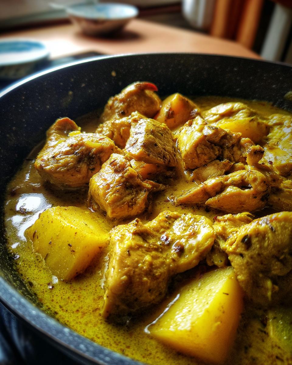 Close-up shot of rich, yellow Jamaican curry chicken pieces simmering with potatoes in a dark cooking pot.