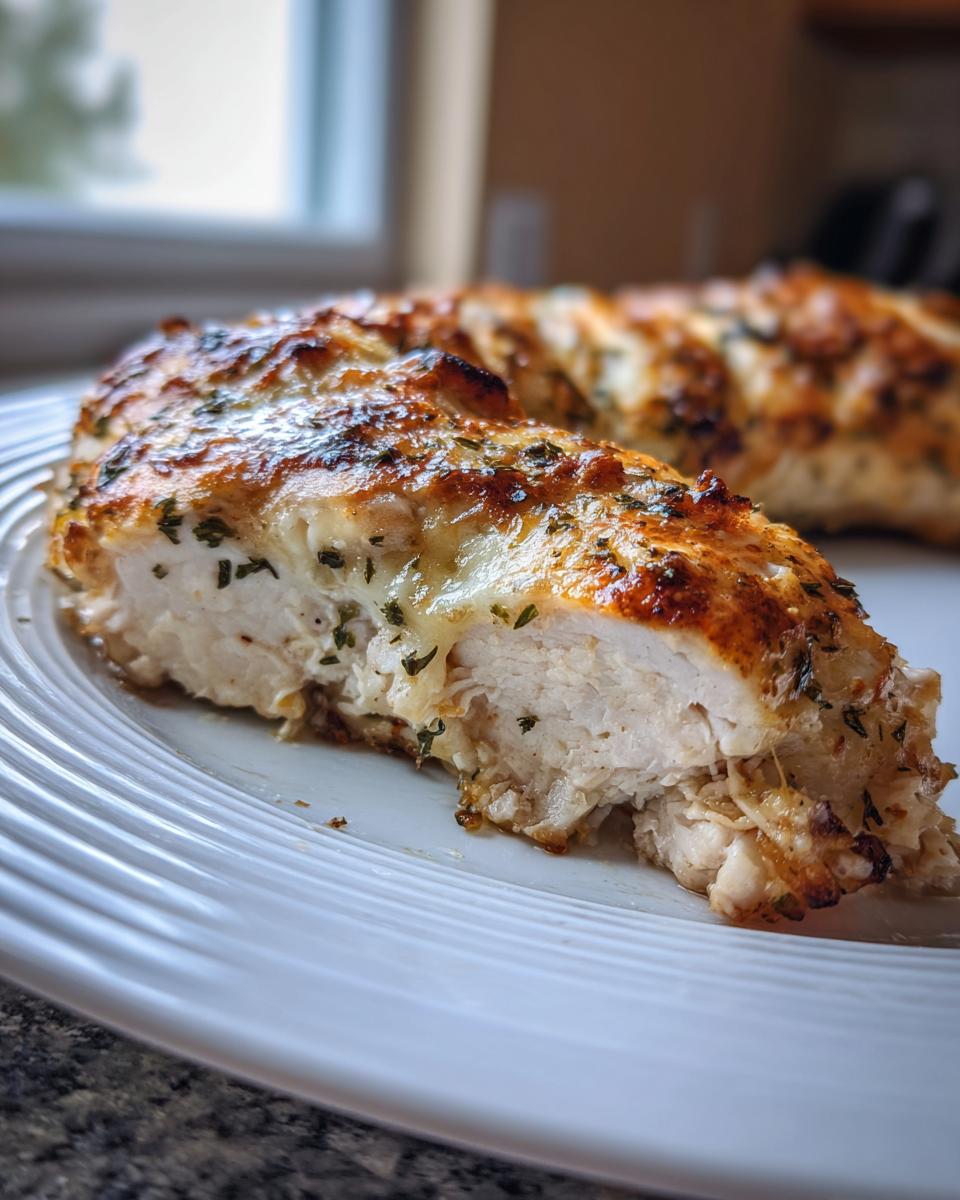 Close-up of a juicy baked ranch chicken breast, showing the white interior and melted, browned ranch topping.