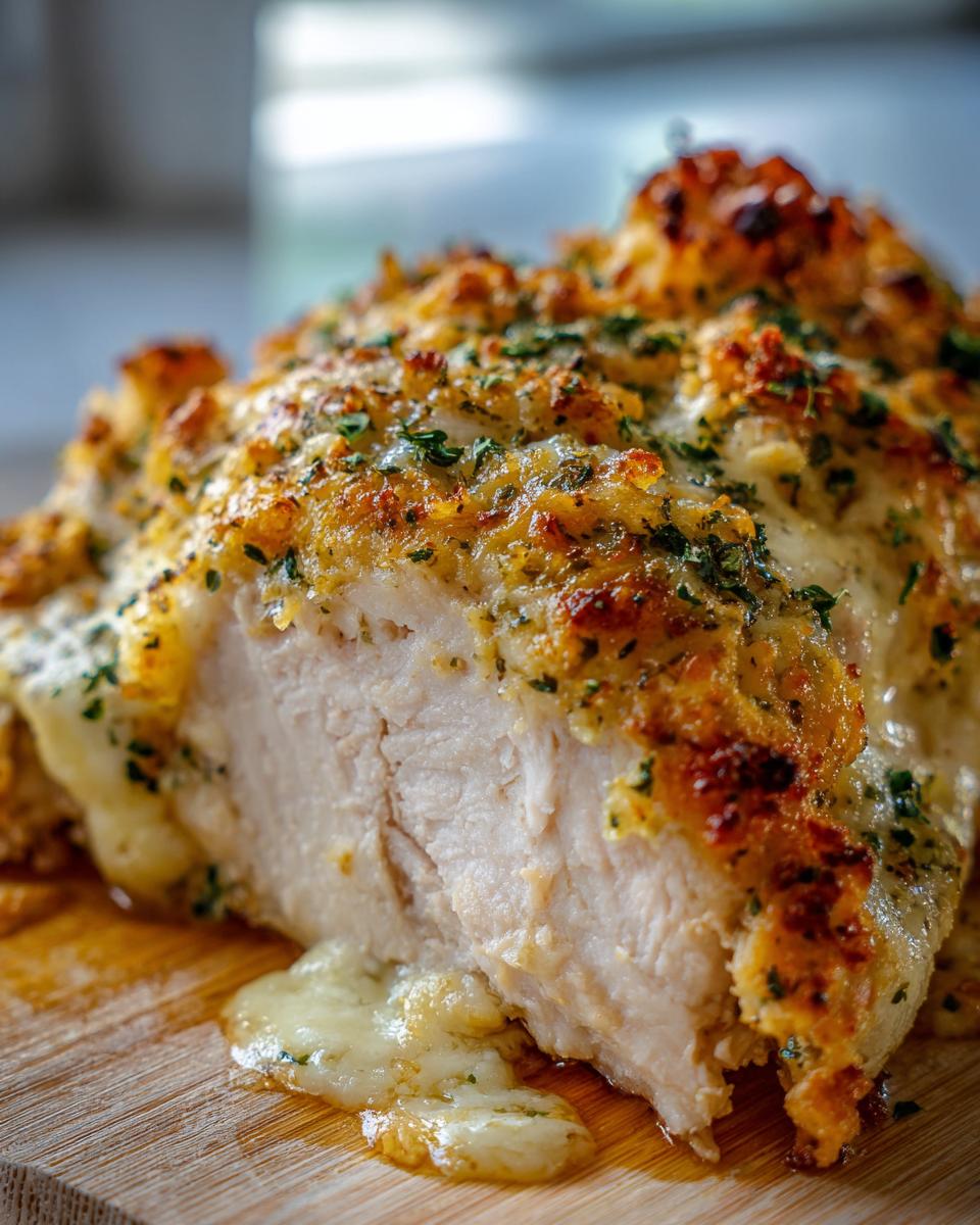 Close-up of juicy baked ranch chicken breast, showing the white interior and melted cheesy topping sprinkled with herbs.