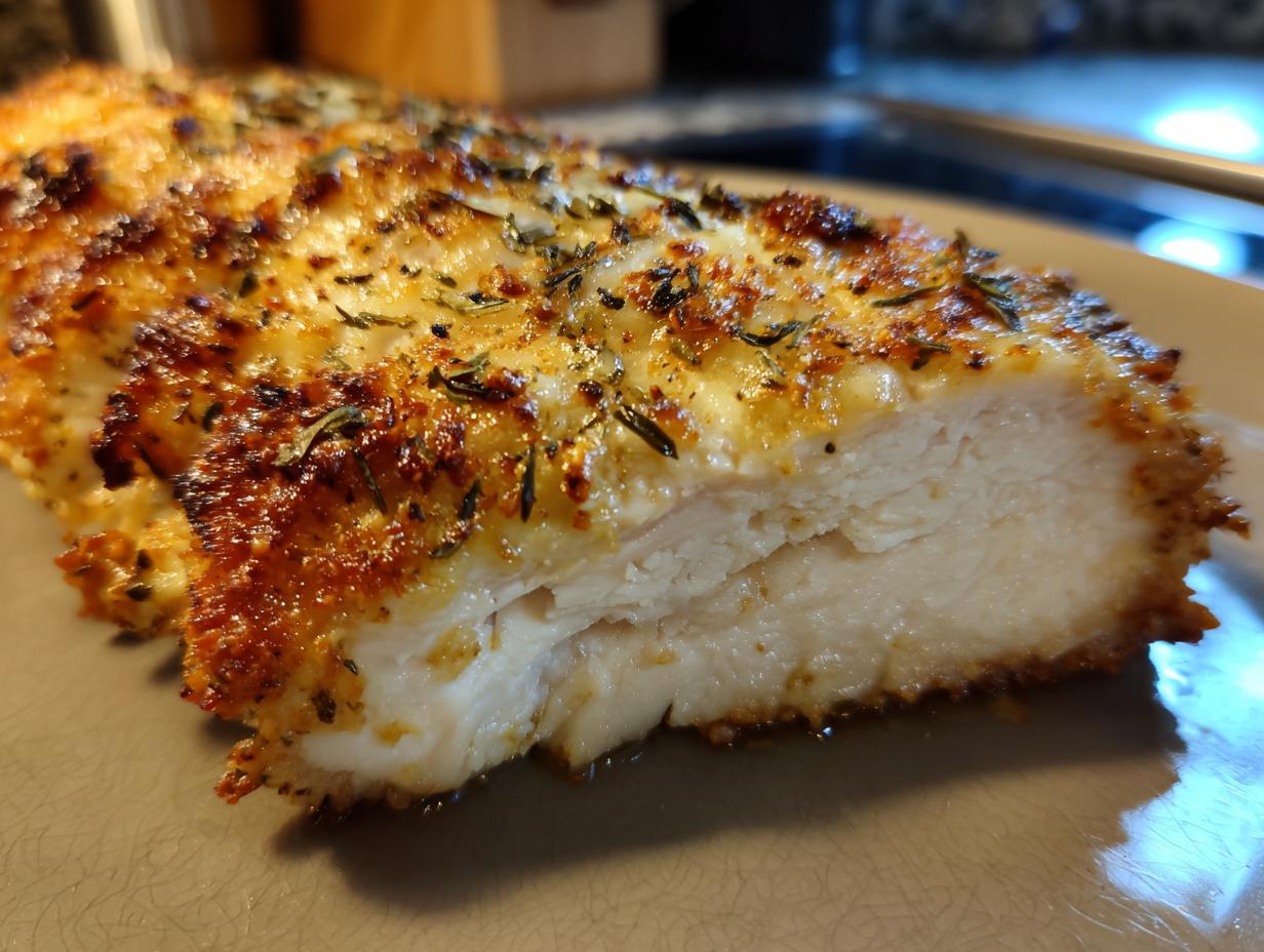 Close-up of a juicy baked ranch chicken breast, showing the white interior and golden, herbed topping.