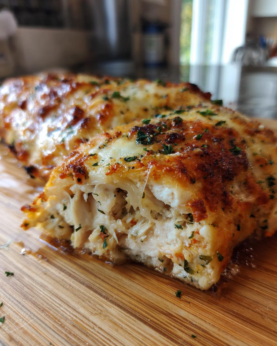 Close-up of juicy baked ranch chicken, showing the shredded interior and cheesy, browned topping.