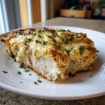 A cross-section of juicy baked ranch chicken topped with melted cheese and fresh parsley.