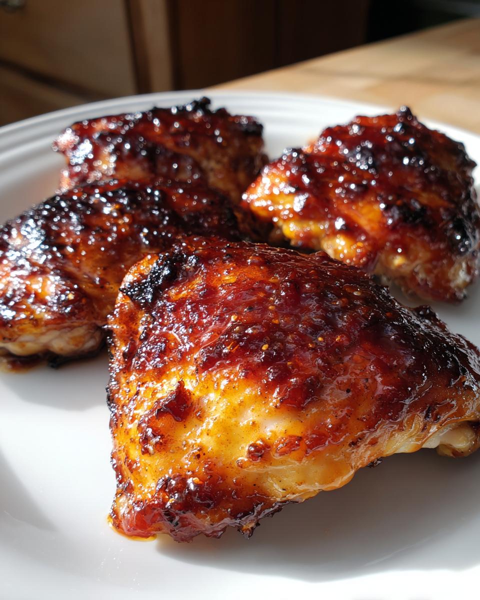 Four pieces of juicy bbq chicken thighs with a thick, glossy, caramelized glaze resting on a white plate.