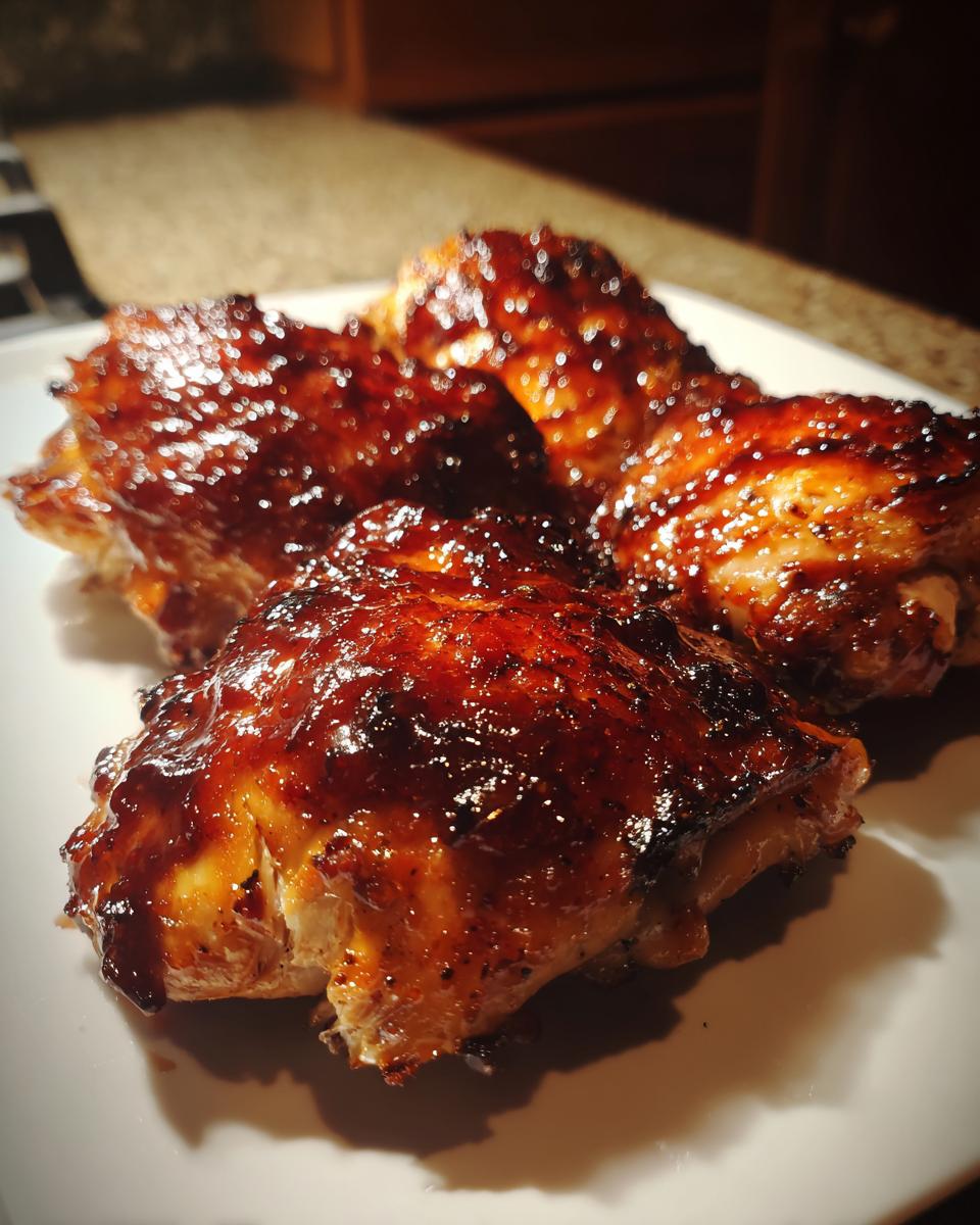 Close-up of four pieces of juicy bbq chicken coated in a thick, glossy, caramelized sauce on a white plate.