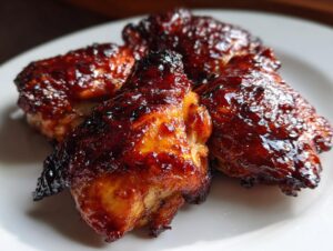 Close-up of four pieces of juicy bbq chicken with a dark, shiny glaze served on a white plate.