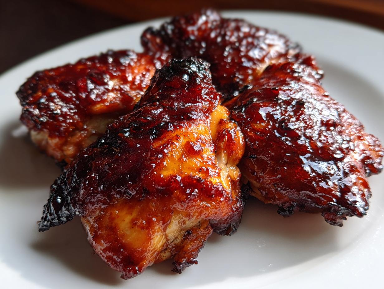 Close-up of four pieces of juicy bbq chicken with a dark, shiny glaze served on a white plate.