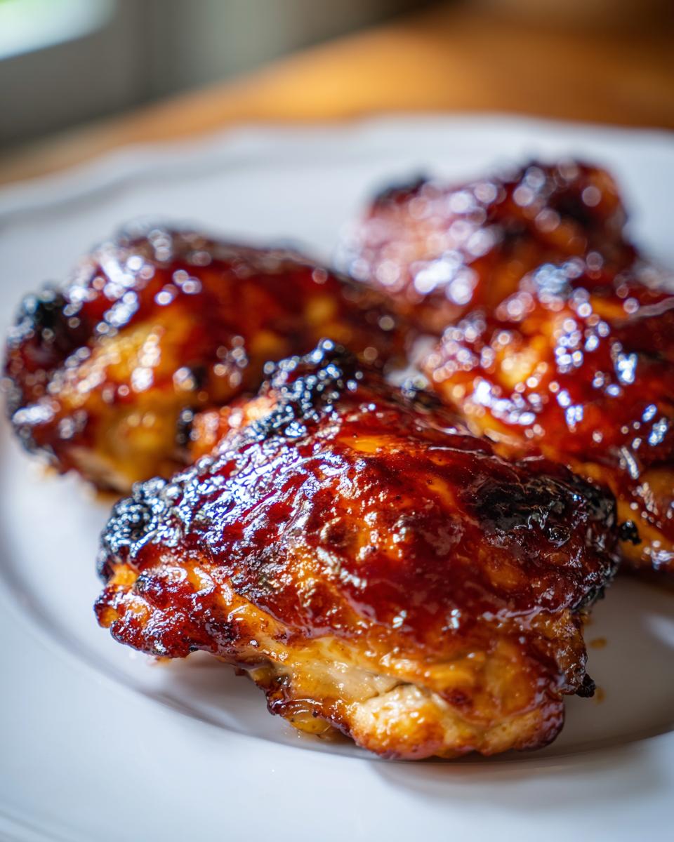 Close-up of three pieces of juicy bbq chicken thighs covered in a thick, glossy, caramelized sauce on a white plate.