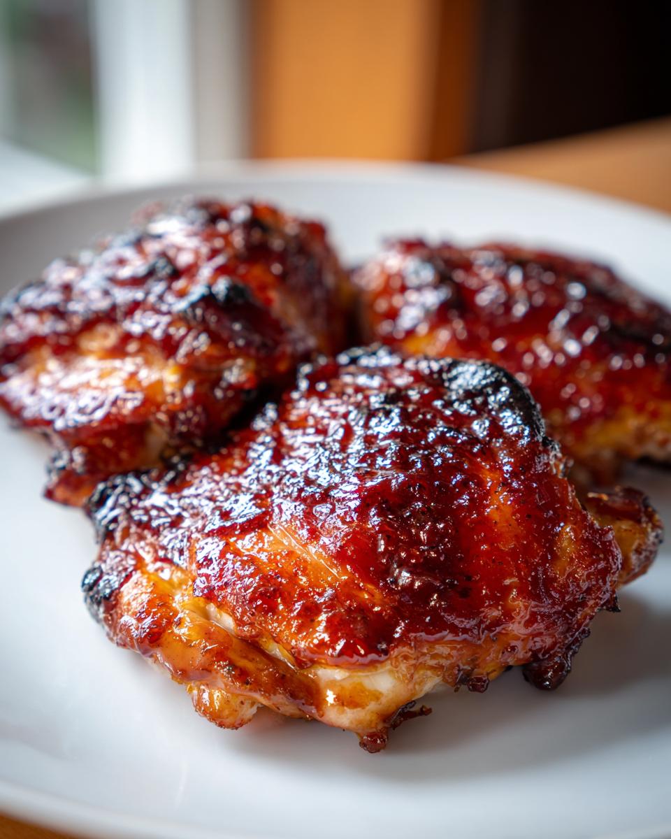 Close-up of three pieces of juicy bbq chicken thighs with a thick, glossy, caramelized glaze served on a white plate.