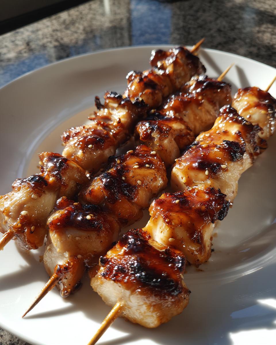 Close-up of three juicy chicken skewers glazed with a dark, shiny sauce and sprinkled with sesame seeds.