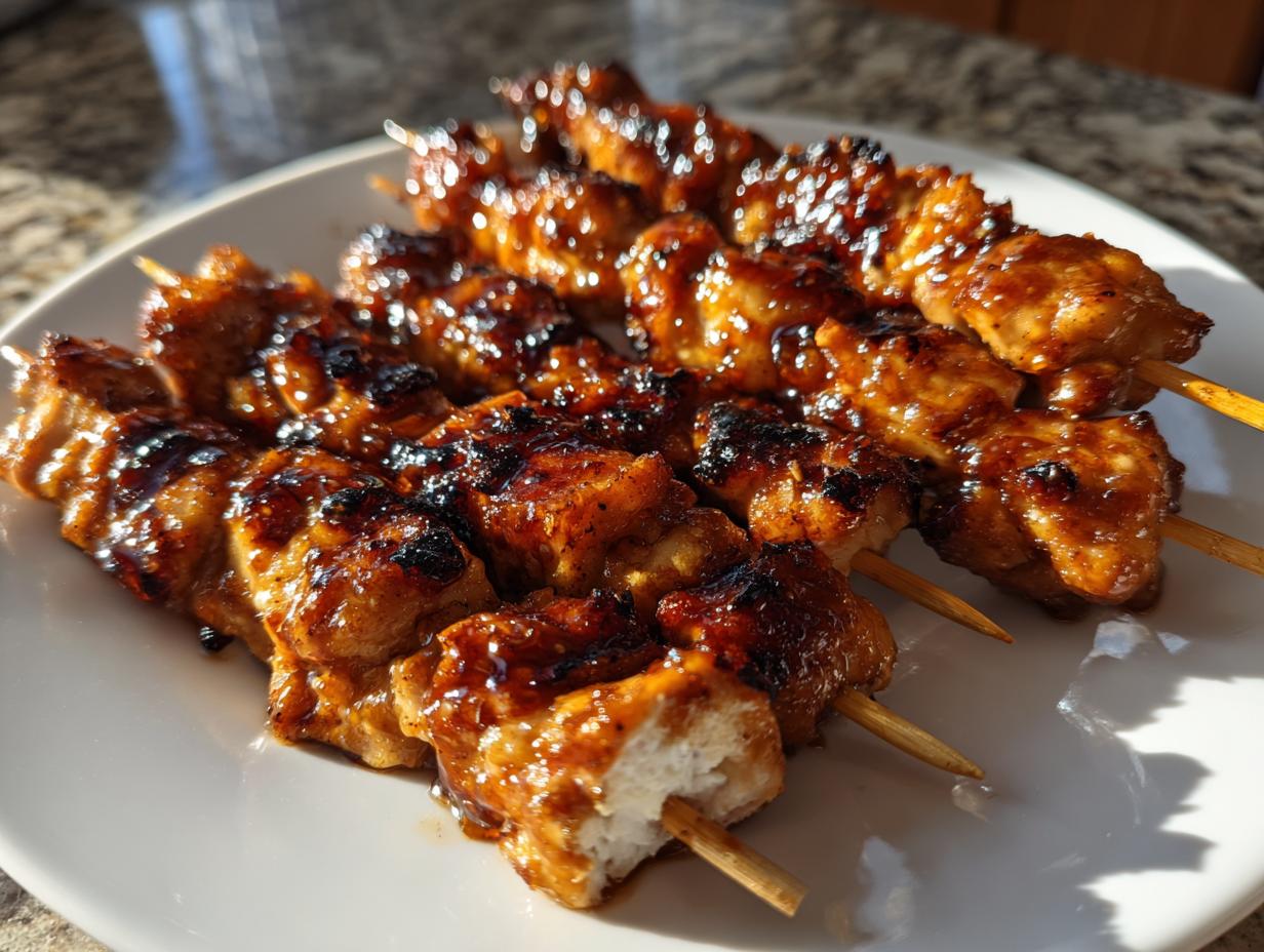 Close-up of three rows of juicy chicken skewers coated in a sticky, dark glaze, resting on a white plate.
