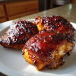 Three pieces of juicy bbq chicken thighs covered in a thick, dark, caramelized glaze resting on a white plate.